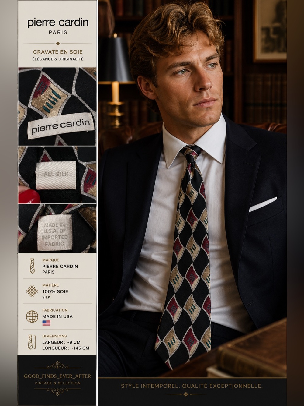 Pierre Cardin Paris - Black Silk Tie with Red, Green and Cream Geometric Pattern
